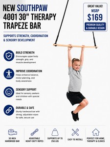 MSRP $169 NEW SOUTHPAW 4001 30 THERAPY TRAPEZE BAR, SENSORY INTEGRATION & OCCUPATIONAL THERAPY SWING ACCESSORY WITH ROPE & CARABINER