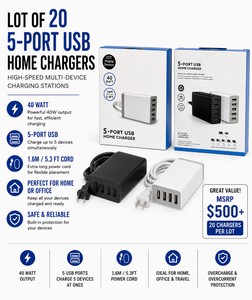 MSRP $500 LOT OF 20 NEW 40W 5-PORT USB HOME CHARGERS, HIGH-SPEED MULTI-DEVICE CHARGING STATIONS WITH 5.3 FT POWER CORDS, IDEAL FOR HOMES, OFFICES &amp CLASSROOMS