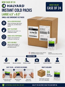 NEW CASE OF 24 HALYARD LARGE INSTANT COLD PACKS, 6.5 x 8.5 SINGLE-USE EMERGENCY ICE PACKS FOR FIRST AID, SPORTS, CLINICS & MEDICAL CARE