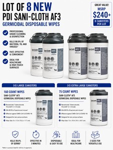 MSRP $240 LOT OF 8 NEW PDI SANI-CLOTH AF3 GERMICIDAL DISPOSABLE WIPES, (4) LARGE 160-COUNT & (4) EXTRA LARGE 75-COUNT CANISTERS, HOSPITAL-GRADE SURFACE DISINFECTANT FOR CLINICS, LABS & HEALTHCARE FACILITIES