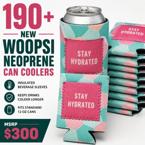 MSRP $300 LOT OF 190 NEW WOOPSI NEOPRENE CAN COOLERS, INSULATED BEVERAGE SLEEVES, KEEPS DRINKS COLDER LONGER & REDUCES CONDENSATION