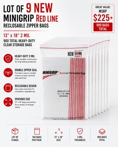 MSRP $225 LOT OF 9 NEW MINIGRIP RED LINE 13 x 18 2 MIL RECLOSABLE ZIPPER BAGS, 900 TOTAL HEAVY-DUTY CLEAR STORAGE BAGS FOR PACKAGING, SHIPPING & PARTS ORGANIZATION