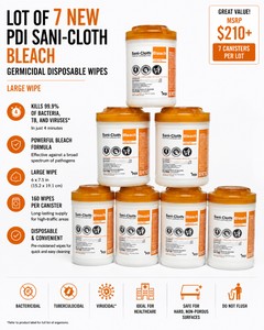 MSRP $210 LOT OF 7 NEW PDI SANI-CLOTH BLEACH GERMICIDAL DISPOSABLE WIPES, LARGE WIPE CANISTERS FOR HOSPITAL-GRADE SURFACE DISINFECTION, IDEAL FOR MEDICAL, DENTAL, LAB & HEALTHCARE FACILITIES