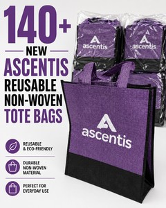 MSRP $150 LOT OF 140 NEW ASCENTIS REUSABLE NON-WOVEN TOTE BAGS, HEAVY-DUTY SHOPPING &amp PROMOTIONAL GIFT BAGS, ECO-FRIENDLY REUSABLE CARRY TOTES, PERFECT FOR EVENTS &amp GIVEAWAYS