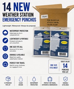 LOT OF 14 NEW WEATHER STATION EMERGENCY CLEAR RAIN PONCHOS, ONE SIZE FITS MOST, LIGHTWEIGHT WATERPROOF PROTECTION FOR CAMPING, TRAVEL, FESTIVALS & EMERGENCY PREPAREDNESS