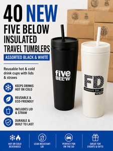 LOT OF 40 NEW FIVE BELOW INSULATED TRAVEL TUMBLERS, ASSORTED BLACK & WHITE HOTCOLD DRINK CUPS WITH LIDS & STRAWS, REUSABLE DRINKWARE FOR COMMUTERS, OFFICE & EVERYDAY USE