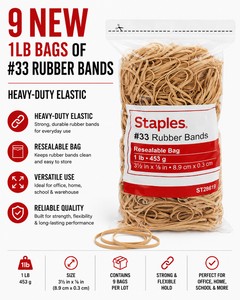 MSRP $125 LOT OF 9 NEW STAPLES #33 RUBBER BANDS, 1 LB RESEALABLE BAGS, HEAVY-DUTY ELASTIC OFFICE & WAREHOUSE SUPPLIES FOR PACKAGING, ORGANIZATION & EVERYDAY USE