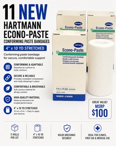 MSRP $220 LOT OF 11 BOXES HARTMANN ECONO-PASTE CONFORMING PASTE BANDAGES, 4 X 10 YDS STRETCHED, UNNA BOOT STYLE ZINC PASTE COMPRESSION WRAPS, WOUND CARE, LEG ULCERS, EDEMA SOME BOXES HAVE OUTSIDE DISCOLORATION