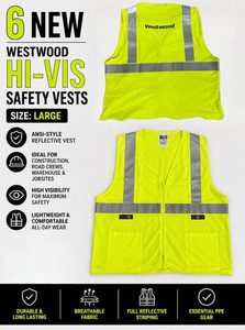 LOT OF 6 NEW WESTWOOD HI-VIS SAFETY VESTS, SIZE LARGE, ANSI-STYLE REFLECTIVE WORK VESTS FOR CONSTRUCTION, ROAD CREWS, WAREHOUSE & JOBSITE VISIBILITY, ESSENTIAL PPE GEAR