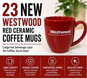 LOT OF 23 NEW WESTWOOD RED CERAMIC COFFEE MUGS, LARGE HOT BEVERAGE CUPS FOR COFFEE, TEA & OFFICE USE, PERFECT FOR BREAK ROOMS, GIFTS & PROMOTIONAL EVENTS