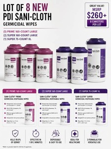 MSRP $260 LOT OF 8 NEW PDI SANI-CLOTH GERMICIDAL WIPES, (5) PRIME 160-COUNT LARGE, (2) SUPER 160 LARGE & (1) SUPER 75-COUNT XL CANISTERS, HOSPITAL-GRADE SURFACE DISINFECTANT FOR MEDICAL, DENTAL, LAB & HEALTHCARE FACILITIES