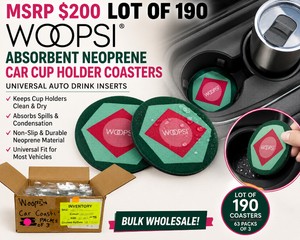 MSRP $200 LOT OF 190 NEW WOOPSI ABSORBENT NEOPRENE CAR CUP HOLDER COASTERS, UNIVERSAL AUTO DRINK INSERTS, HELPS KEEP CUP HOLDERS CLEAN &amp DRY, BULK WHOLESALE