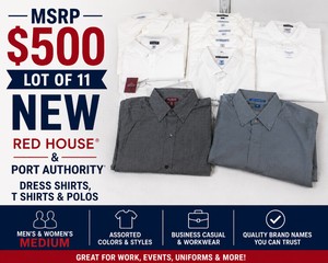 MSRP $500 LOT OF 11 NEW RED HOUSE &amp PORT AUTHORITY MENS &amp WOMEN SIZE MEDIUM WRINKLE FREE DRESS SHIRTS, T SHIRTS, &amp POLOS, BUSINESS CASUAL WORK APPAREL