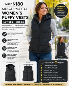 MSRP $180 LOT OF 2 NEW MERCER-METTLE WOMENS PREMIUM PUFFY VESTS, SIZE XS, LIGHTWEIGHT INSULATED, WATER-RESISTANT PERFORMANCE OUTERWEAR, FULL-ZIP, ZIPPERED HAND POCKETS, IDEAL FOR WORK, TRAVEL &amp OUTDOOR ADVENTURES