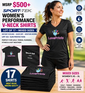 MSRP $500 LOT OF 17 NEW SPORT-TEK WOMENS PERFORMANCE ATHLETIC V-NECK SHIRTS, MIXED SIZES, INSTANT COOLING, QUICK-DRY, MOISTURE-WICKING, UPF 50 SUN PROTECTION FOR GOLF, TENNIS, RUNNING, FITNESS &amp HOT WEATHER