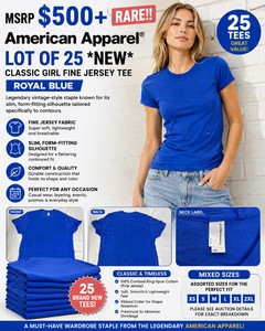 MSRP $500 RARE 25 VINTAGE NEW AMERICAN APPAREL CLASSIC GIRL FINE JERSEY TEE ROYAL BLUE, SOFT CASUAL SHORT SLEEVE TEES MIXED SIZES legendary vintage-style staple known for its slim, form-fitting silhouette tailored specifically to contours