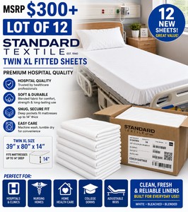MSRP $300 LOT OF 12 NEW STANDARD TEXTILE BLEACHED BLENDED FITTED TWIN XLHOSPITAL BED SHEETS, 39 x 80 x 14, SOLID WHITE PREMIUM LINENS FOR HOSPITAL &amp HEALTHCARE, DORMS, HOME CARE &amp ADJUSTABLE BEDS