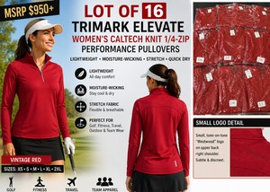 MSRP $950 LOT OF 16 NEW TRIMARK ELEVATE WOMENS CALTECH KNIT 14-ZIP PERFORMANCE PULLOVERS, VINTAGE RED, MIXED XS-2XL, STRETCH MOISTURE-WICKING GOLF, FITNESS, TRAVEL &amp TEAM APPAREL SMALL FAINT WESTWOOD LOGO ON UPPER RIGHT BACK
