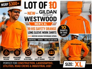 MSRP $300 10 NEW GILDAN DRYBLEND� WESTWOOD MENS HI-VIS SAFETY ORANGE LONG SLEEVE WORK SHIRTS, SIZE XL, 5050 MOISTURE-WICKING PERFORMANCE APPAREL FOR HUNTING, LANDSCAPING, UTILITIES, ROAD CREWS &amp CONSTRUCTION