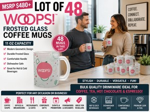 MSRP $480 LOT OF 48 NEW WOOPS FROSTED GLASS 11 OZ COFFEE MUGS, MODERN GEOMETRIC DESIGN, COFFEE, TEA, HOT CHOCOLATE &amp ESPRESSO DRINKS, PERFECT FOR OFFICES, EMPLOYEE BREAKROOMS, CORPORATE GIFTS &amp BULK GIVEAWAYS