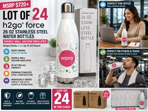 MSRP $720 24 NEW H2GO� FORCE 26 OZ DOUBLE-WALL VACUUM INSULATED STAINLESS STEEL WATER BOTTLES, INDIVIDUALLY BOXED, KEEPS DRINKS COLD UP TO 24 HOURS, SMALL WOOPS LOGO, PERFECT FOR OFFICE, FITNESS &amp TRAVEL