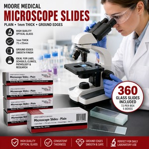 MSRP $75 NEW 5 MOORE MEDICAL LAB MICROSCOPE SLIDES, 360 TOTAL PLAIN GLASS SLIDES, 75 x 25mm, 1mm THICK, GROUND EDGES, IDEAL FOR LABS, SCHOOLS, MICROBIOLOGY, PATHOLOGY &amp RESEARCH (1 Box Open)