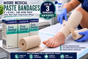 MSRP $90 NEW 3 MOORE MEDICAL ZINC OXIDE PASTE BANDAGES 4 x 10 YDS EACH UNNA BOOT STYLE COMPRESSION THERAPY WRAPS PROVIDES MOIST WOUND HEALING ENVIRONMENT FOR VENOUS LEG ULCERS, EDEMA, LYMPHEDEMA, CHRONIC LOWER LEG WOUNDS &amp COMPRESSION THERAPY