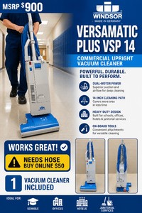 MSRP $900 WINDSOR VERSAMATIC PLUS VSP 14 COMMERCIAL DUAL-MOTOR UPRIGHT VACUUM CLEANER, 14-INCH CLEANING PATH wTOOLS HEAVY-DUTY FOR SCHOOLS, OFFICES, HOTELS, &amp JANITORIAL SERVICES -WORKS GREAT MADE IN GERMANY NEEDS HOSE - BUY ONLINE $50