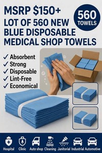 MSRP $150 LOT OF 560 NEW BLUE DISPOSABLE MEDICAL SHOP TOWELS, ABSORBENT NON-WOVEN, STRONG &amp DURABLE, PERFECT FOR CLINICS, HOSPITALS, AUTO SHOPS, CLEANING, SPILL CONTROL &amp GENERAL MAINTENANCE