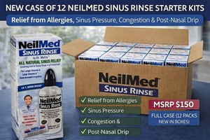 MSRP $150 NEW CASE OF 12 NEILMED SINUS RINSE STARTER KITS COMPLETE SALINE NASAL IRRIGATION SYSTEM HELPS RELIEVE ALLERGIES, CONGESTION, SINUS PRESSURE &amp POST-NASAL DRIP. IDEAL FOR SEASONAL ALLERGIES, RESALE, CLINICS &amp MEDICAL OFFICES