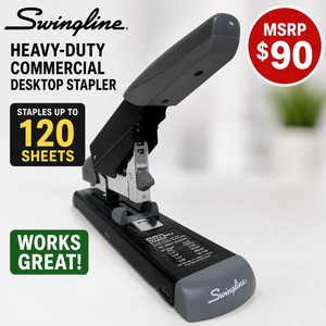 MSRP $90 SWINGLINE DURABLE HEAVY-DUTY COMMERCIAL DESKTOP STAPLER, STAPLES UP TO 120 SHEETS, USES 14, 38, 12 &amp 58 HEAVY-DUTY STAPLES, ADJUSTABLE PAPER GUIDE, IDEAL FOR PRINT SHOPS, MAILROOMS, WAREHOUSES &amp SHIPPING DEPARTMENTS, WORKS GREAT