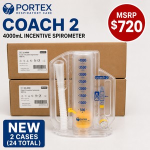 MSRP $720 NEW 2 CASES (24 TOTAL) PORTEX COACH 2 4000mL INCENTIVE SPIROMETERS, REF 22-4000, SINGLE-PATIENT RESPIRATORY LUNG EXERCISE DEVICES FOR POST-OPERATIVE RECOVERY, DEEP BREATHING THERAPY, HOSPITALS, SURGERY CENTERS, REHABILITATION &amp HOME HEALTH