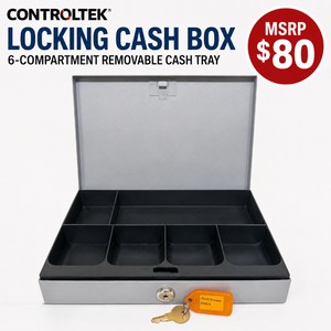 MSRP $80 CONTROLTEK HEAVY-DUTY LOW PROFILE LOCKING CASH BOX, 6-COMPARTMENT REMOVABLE CASH TRAY, STEEL SECURITY DESIGN, KEYED LOCK W1 KEY, PERFECT FOR RETAIL, VENDORS, CHURCHES, FOOD TRUCKS, CRAFT SHOWS, OFFICES &amp FUNDRAISERS