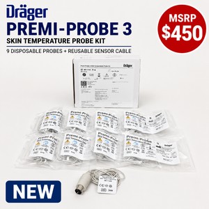 MSRP $450 NEW DRGER PREMI-PROBE 3 SKIN TEMPERATURE PROBE KIT, 9 DISPOSABLE SKIN TEMPERATURE PROBES PLUS REUSABLE SENSOR CABLE, MODEL MU11228, COMPATIBLE WITH DRGER PATIENT MONITORING SYSTEMS, ICU, SURGERY, EMERGENCY, NICU &amp HOSPITAL USE