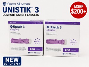 MSRP $200 NEW LOT OF 375 OWEN MUMFORD UNISTIK 3 COMFORT 28G x 1.8MM PROFESSIONAL SAFETY LANCETS, PATENTED COMFORT ZONE TECHNOLOGY� HELPS REDUCE FINGERSTICK DISCOMFORT, STERILE SINGLE-USE FOR GLUCOSE TESTING, CLINICS, LABS &amp DIABETIC CARE