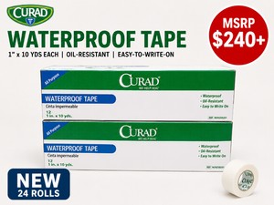 MSRP $240 NEW 24 CURAD WATERPROOF MEDICAL TAPE ROLLS, 1 x 10 YDS EACH, OIL-RESISTANT, EASY-TO-WRITE-ON, STRONG ADHESIVE FOR SECURING BANDAGES, DRESSINGS, GAUZE &amp MEDICAL DEVICES, IDEAL FOR CLINICS, EMS, SPORTS MEDICINE, FIRST AID &amp HOME CARE