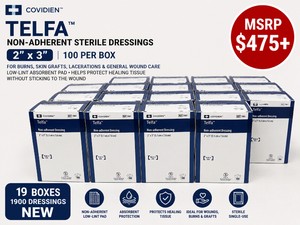 MSRP $475 NEW 19 BOXES COVIDIEN TELFA 2 x 3 NON-ADHERENT STERILE DRESSINGS 100 PER BOX, FOR BURNS, SKIN GRAFTS, LACERATIONS &amp GENERAL WOUND CARE, LOW-LINT ABSORBENT PAD, HELPS PROTECT HEALING TISSUE WITHOUT STICKING TO THE WOUND