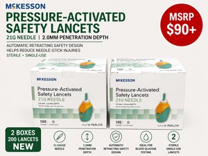 MSRP $90 NEW 2 BOXES MCKESSON PRESSURE-ACTIVATED SAFETY LANCETS, 21 GAUGE x 2.0MM PENETRATION DEPTH, 200 TOTAL STERILE SINGLE-USE LANCETS, AUTOMATIC RETRACTING SAFETY DESIGN HELPS REDUCE NEEDLE-STICK INJURIES, IDEAL FOR DIABETIC BLOOD GLUCOSE TESTING