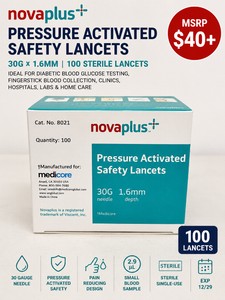 MSRP $40 NEW SEALED NOVAPLUS PRESSURE-ACTIVATED SAFETY LANCETS, 30G x 1.6MM, 100 STERILE SINGLE-USE LANCETS, IDEAL FOR DIABETIC BLOOD GLUCOSE TESTING, FINGERSTICK BLOOD COLLECTION, CLINICS, HOSPITALS, LABS &amp HOME CARE EXP 1229