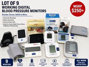 MSRP $250 LOT OF 9 WORKING DIGITAL BLOOD PRESSURE MONITORS, SOME INCLUDE CUFFS, BRANDS - OMRON, RELION &amp MORE, AUTOMATIC READINGS, BATTERY OPERATED, GREAT FOR HOME HEALTH CARE, CLINICS &amp MEDICAL PROFESSIONALS - ALL WORK SOME NEED NEW BATTERIES