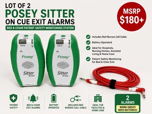 MSRP $180 LOT OF 2 POSEY SITTER ON CUE BED &amp CHAIR EXIT ALARMS, INCLUDES RED NURSES CALL CABLE, PATIENT SAFETY MONITORING SYSTEM, BATTERY OPERATED, IDEAL FOR HOSPITALS, NURSING HOMES, ASSISTED LIVING &amp HOME CARE WORK GREAT NEED BATTERIES