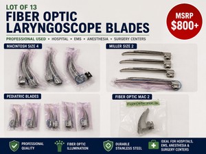 MSRP $800 LOT OF 13 PROFESSIONAL USED FIBER OPTIC LARYNGOSCOPE BLADES WMACINTOSH SIZE 4, MILLER SIZE 2 &amp PEDIATRIC BLADES FOR HOSPITALS, EMS, ANESTHESIA, SURGERY CENTERS, EMERGENCY MEDICINE &amp CLINICAL TRAINING