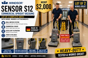 MSRP $2,000 LOT OF 2 WINDSOR SENSOR S12 COMMERCIAL UPRIGHT VACUUMS, COMPLETE WHOSES, WANDS &amp ATTACHMENTS, WORK GREAT FRONT PANELS NEED TO BE SECURED WITH TAPE OR RUBBER BAND, MADE IN GERMANY