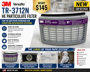 MSRP $145 NEW 3M VERSAFLO TR-3712N HE PARTICULATE FILTER FOR TR-300 PAPR POWERED AIR PURIFYING RESPIRATOR, NIOSH HE FILTER, REPLACEMENT CARTRIDGE AKA THE LUNGS OF YOUR PAPR SYSTEM FOR INDUSTRIAL, PHARMACEUTICAL &amp HAZMAT SAFETY USE EXP 725