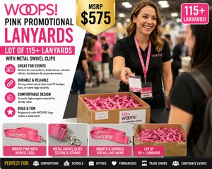 MSRP $575 NEW LOT OF 115 WOOPS PINK PROMOTIONAL LANYARDS WITH METAL SWIVEL CLIPS, ID BADGE HOLDERS, KEYCHAINS, NAME TAGS, CONVENTIONS, SCHOOLS, OFFICES, FUNDRAISERS, TRADE SHOWS &amp CORPORATE EVENTS