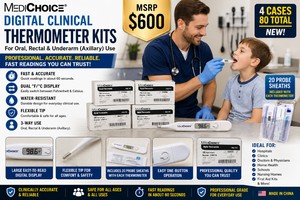 MSRP $600 NEW 4 CASES (80 TOTAL) PROFESSIONAL DIGITAL CLINICAL THERMOMETER KITS FOR ORAL, RECTAL &amp AXILLARY (UNDERARM) TEMPERATURE MONITORING, FAST READINGS, DUAL °F°C, FLEXIBLE TIP, WATER-RESISTANT, 20 PROBE SHEATHS INCLUDED WITH EACH THERMOMETER