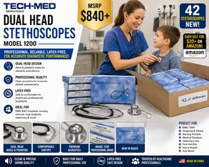 MSRP $840 NEW LOT OF 42 TECH-MED MODEL 1200 DUAL HEAD LATEX-FREE STETHOSCOPES, PROFESSIONAL CLINICAL DIAGNOSTIC, ADULT &amp PEDIATRIC AUSCULTATION, EMS, EMT, HOSPITAL, NURSING SCHOOL, MEDICAL STUDENTS &amp VETERINARY USE