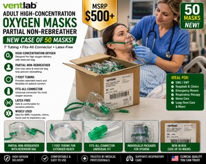 MSRP $500 NEW CASE OF 50 VENTLAB ADULT HIGH-CONCENTRATION PARTIAL NON-REBREATHER OXYGEN MASKS, 7 TUBING, FITS-ALL CONNECTOR, LATEX-FREE, EMERGENCY OXYGEN THERAPY, EMS, EMT, HOSPITAL, CLINIC &amp RESPIRATORY USE
