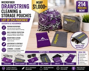 MSRP $1,000 NEW LOT OF 214 MICROFIBER DRAWSTRING CLEANING &amp STORAGE POUCHS, ASCENTIS &amp HEXARMOR, EYEGLASS, SAFETY GLASSES, SUNGLASSES, PHONE, TABLET &amp ELECTRONICS PROTECTION