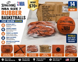 MSRP $70 LOT OF 14 NEW SPALDING NBA SIZE 7 RUBBER BASKETBALLS, FIVE BELOW EDITION, DEFLATED FOR SHIPPING, GREAT FOR SCHOOLS, CHURCHES, CAMPS, YOUTH SPORTS, GYMS, RECREATION, PRIZES &amp OUTDOOR PLAY